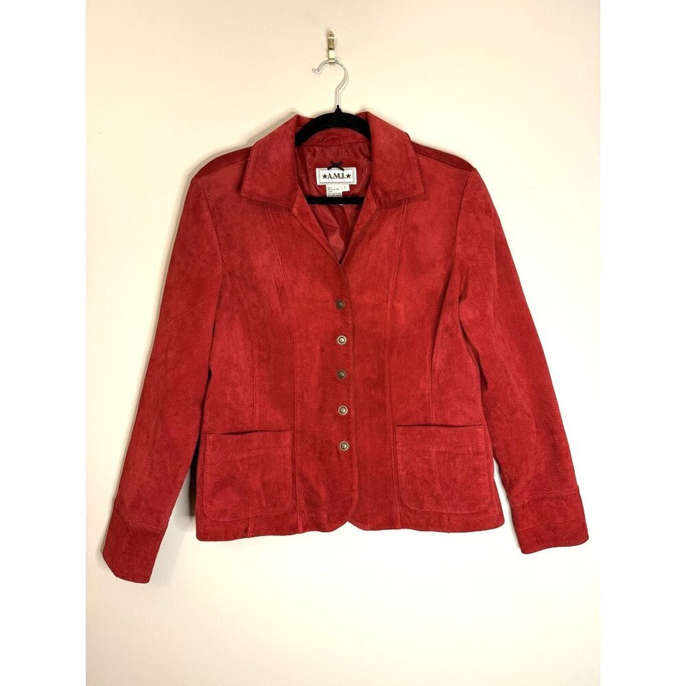 A.M.I. Vintage Red Suede Short Coat Button Fitted Size L [jb]